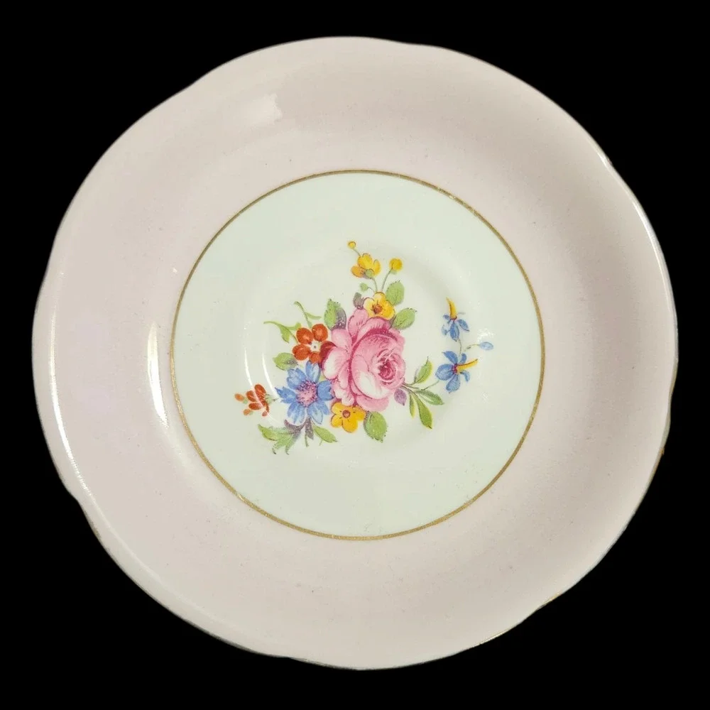 Vintage Grafton China Floral Teacup Saucer Set Pink Rose Gold Trim England